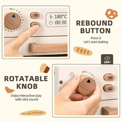 Wooden Kids Oven, Pretend Play Oven for Toddlers with DIY Stickers, Kitchen Play Set Accessories with Push-Pull Baking Tray. Ideal Choice for Boys and Girls Aged 3+