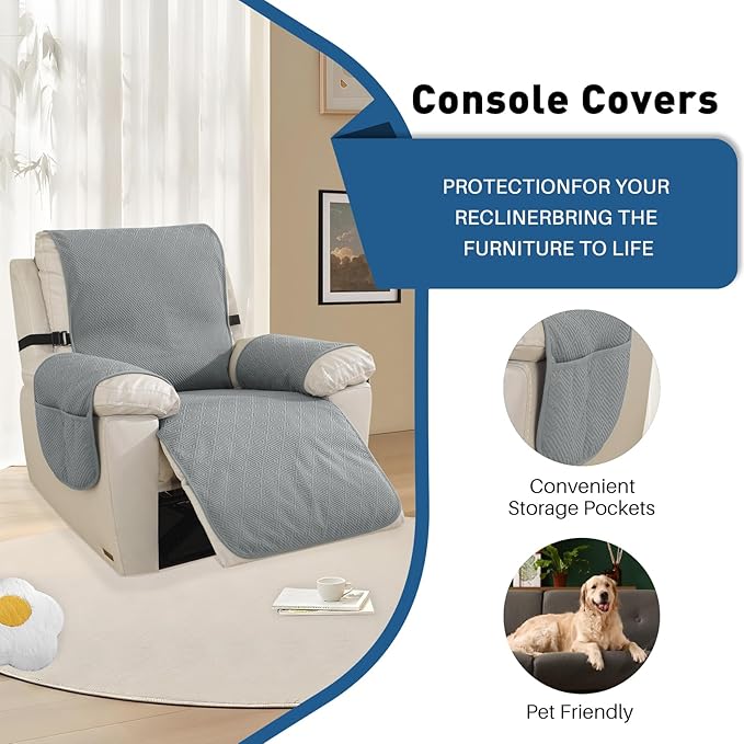 Easehomey 100% Waterproof Recliner Chair Covers, Non-Slip Recliner Covers That Stay in Place with Two Pocket Elastic Straps Washable Large Reclining Chair Cover Furniture Protector (Light Grey, 28")