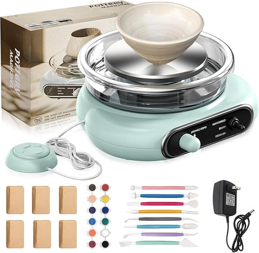 BIYQFCR Mini Pottery Wheel - 4.7Inch Rotating Electric Pottery Wheel, Pottery Wheel for Adults,Comes with 8Plastic Tools and 6Clay Sets,Suitable for Kids,Teenagers and Adults Beginners Craft Clay Kit