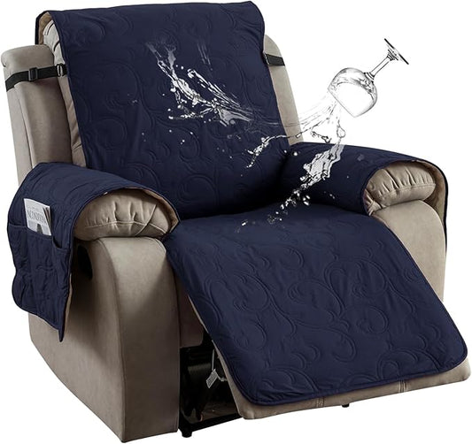 100% Waterproof Recliner Chair Cover, Recliner Chair Covers for Reclining Chair, Non-Slip Fabric Recliner Couch Cover for Living Room, for Pets Kids Protector, Washable (Navy Blue, 28"Recliner Chair)