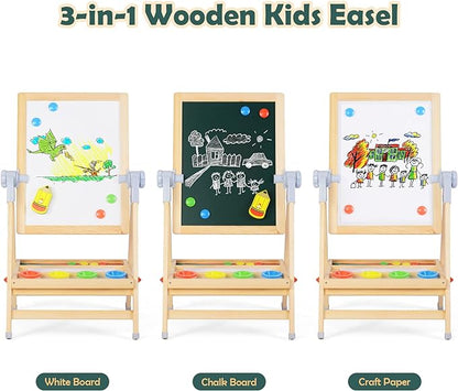 XCSOURCE Art Easel for Kids, 360°Rotating Adjustable Toddler Easel, Double Sided Wooden Kids Easel Drawing Board with Magnetic Chalkboard, Dry Erase White Board & Paper Roll Paint Art Set for Kids 2+