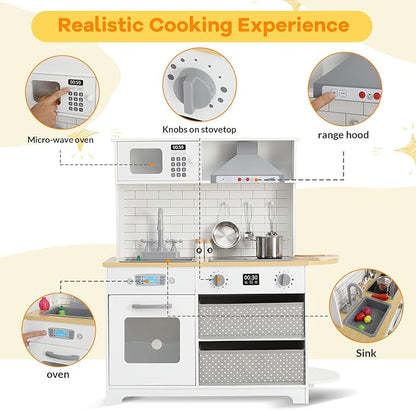 Wooden Play Kitchen for Kids - Innovative Corner Design, Realistic Cooking Sounds, Complete Accessories, Ample Storage Space, and Sound & Light Features