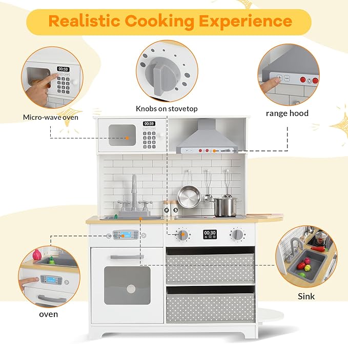 Wooden Play Kitchen for Kids - Innovative Corner Design, Realistic Cooking Sounds, Complete Accessories, Ample Storage Space, and Sound & Light Features