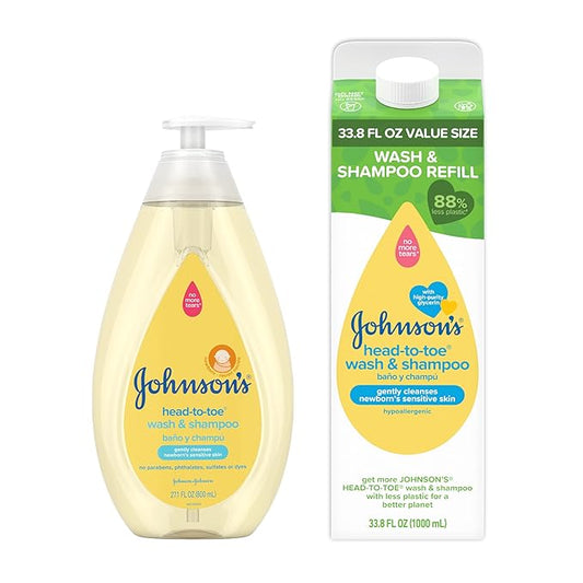 Johnson's Baby Head to Toe Baby Bath Starter Kit, Hypoallergenic Wash & Shampoo for Baby's Sensitive Skin & Hair 27.1 fl. 33.8 fl.