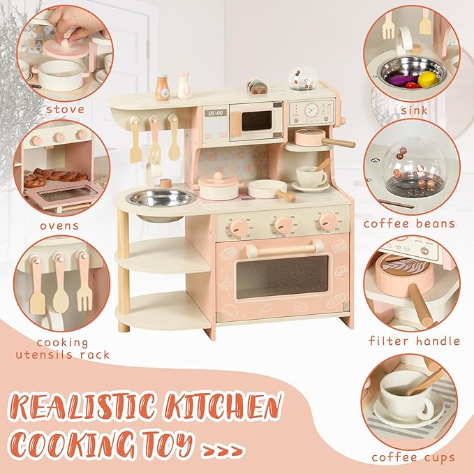 Wooden Kitchen Playset for Kids Ages 3-8, Pretend Play Kitchen for Toddlers with Realistic Design, Cooking Accessories, Coffee Maker, Oven, Microwave, Sink - Small