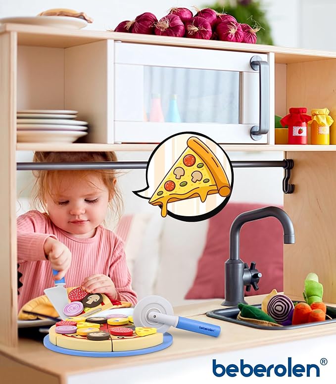 Wooden Pizza Toys for Kids, 24Pcs Cutting Toy Pizza Play Food Set, Pretend Play Kitchen Accessories Wood Cooking Toys for 3 4 5 Year Old Toddlers Boys Girls