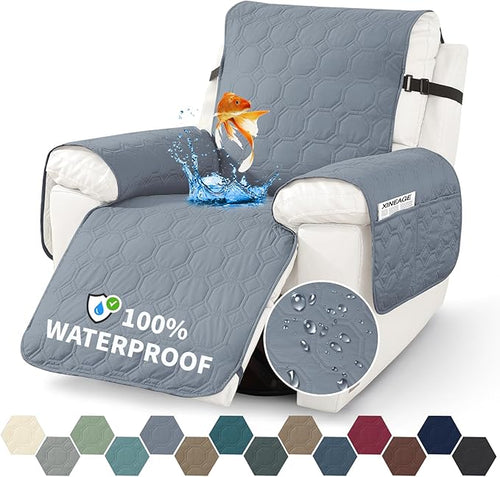 XINEAGE 100% Waterproof Recliner Chair Cover, Non Slip Covers for Recliner Chair with Pocket, Washable Dog Recliner Couch Cover with Elastic Straps (Grayish Blue, 23.6")