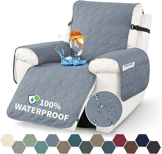 XINEAGE 100% Waterproof Recliner Chair Cover, Non Slip Covers for Recliner Chair with Pocket, Washable Dog Recliner Couch Cover with Elastic Straps (Grayish Blue, 23.6")