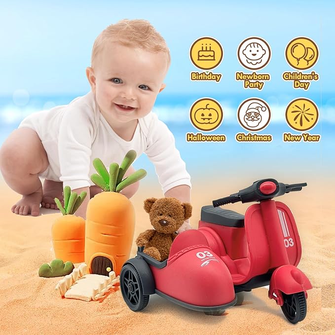 Kids Ride-On Motorcycle with Side Car - Eco-Friendly Straw Material, Push and Pull Toy for 1-3 Year Olds 3-6, Toys 2-4