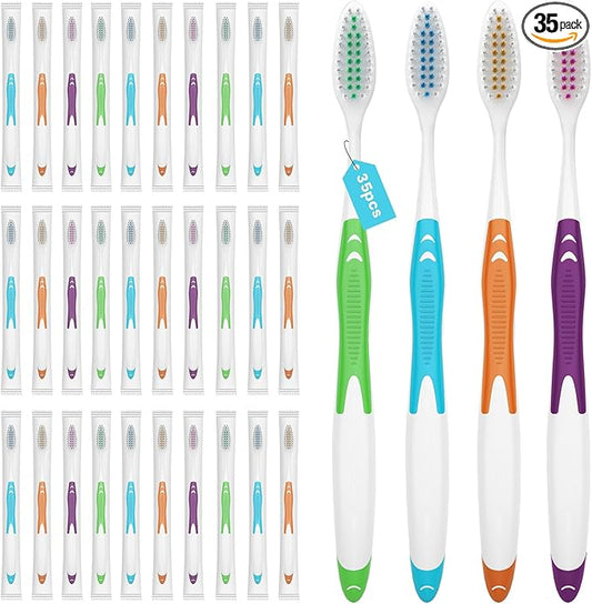 Bulk Toothbrushes 35 Pack, Individually Wrapped Toothbrushes Pack for Adults & Kids, Disposable Toothbrush Medium Soft for Travel, Donations, Hotels