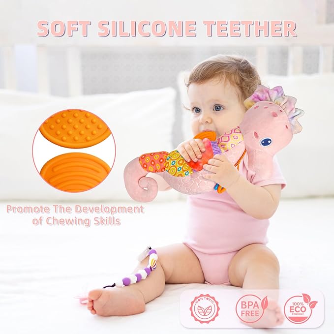 Baby Toys 0-6 Months,Infant Musical Seahorse Stuffed Animals Sensory Toys with Bright Colors 0-12 Months-Pink