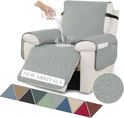 XINEAGE 100% Waterproof Recliner Chair Covers with Elastic Straps, Nonslip Reclining Couch Covers Washable Recliner Couch Cover with Pockets Furniture Protector for Pets Dogs (Light Gray, 23")