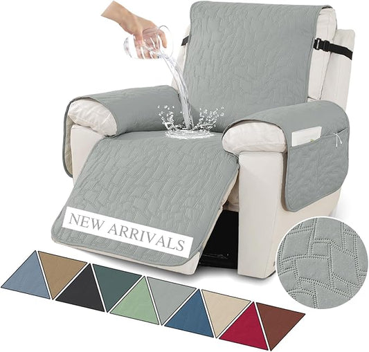 XINEAGE 100% Waterproof Recliner Chair Covers with Elastic Straps, Nonslip Reclining Couch Covers Washable Recliner Couch Cover with Pockets Furniture Protector for Pets Dogs (Light Gray, 23")