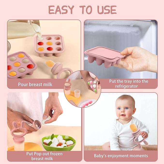 WAJIAYON Baby Breastmilk Popsicle Molds & Baby Fruit Feeder (3 Pack), Baby Food Freezer Tray Storage Containers
