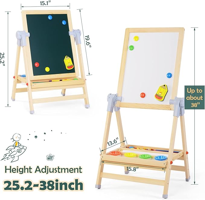XCSOURCE Art Easel for Kids, 360°Rotating Adjustable Toddler Easel, Double Sided Wooden Kids Easel Drawing Board with Magnetic Chalkboard, Dry Erase White Board & Paper Roll Paint Art Set for Kids 2+