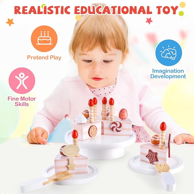 Wooden Birthday Cake Toys, DIY Pretend Play Food for Kids, Tea Party Fake Cake with Candles Plates Fork and Knife for Toddlers Ages 3 4 5 6 7 Years Old Boys Girls Gifts