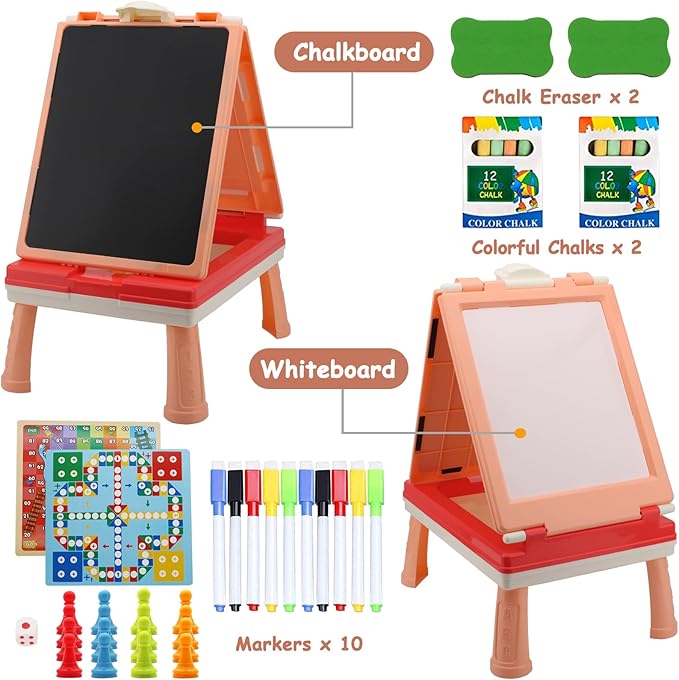 Table Art Easel for Kids, Double Sided Foldable Tabletop Drawing Easels Chalkboard Desk with Graffiti and Board Game Accessories Supplies for Boys and Girls (Pink)