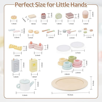 Wooden Tea Party Set for Little Girls, 30 PCS Wooden Tea Set for Toddlers 3-5, Pretend Play Kids Wood Tea Set Toy, Play Kitchen Accessories with Play Food, Improve Imagination