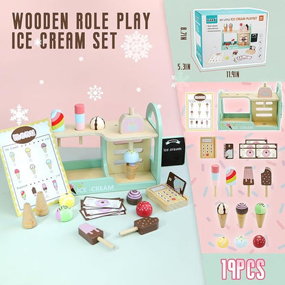 Wooden Ice Cream Counter Playset for Kids, 19pcs Ice Cream Toys for Toddlers, Ice Cream Shop Toys for Kids Ages 3+, Play Food and Accessories Pretend Food Toys for Girls Boys