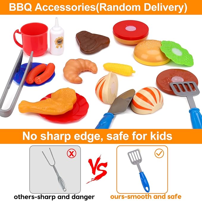 Kids Grill Playset with Apron Hat for Cooking Food Smoke 3 4 5 6 4-8 Birthday
