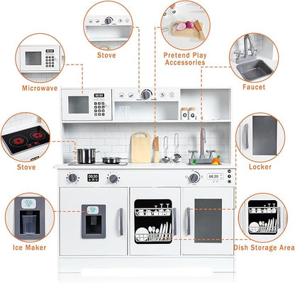 Wooden Play Kitchen - Kids Kitchen Playset with Cookware Accessories, Microwave, Oven, Sink, Real Lights & Sounds - Perfect for Chef Pretend Play, White