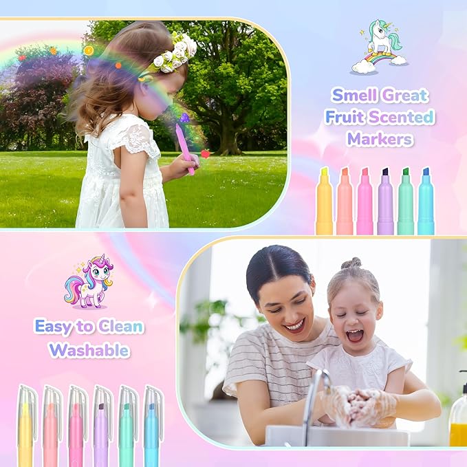 Washable Scented Markers Set for Kids - Unicorn Coloring Art Supplies Set for Kids Ages 4-8 Bithday Gifts for 4-8 Year Old girls Unicorn Pencil Case 54 PCS