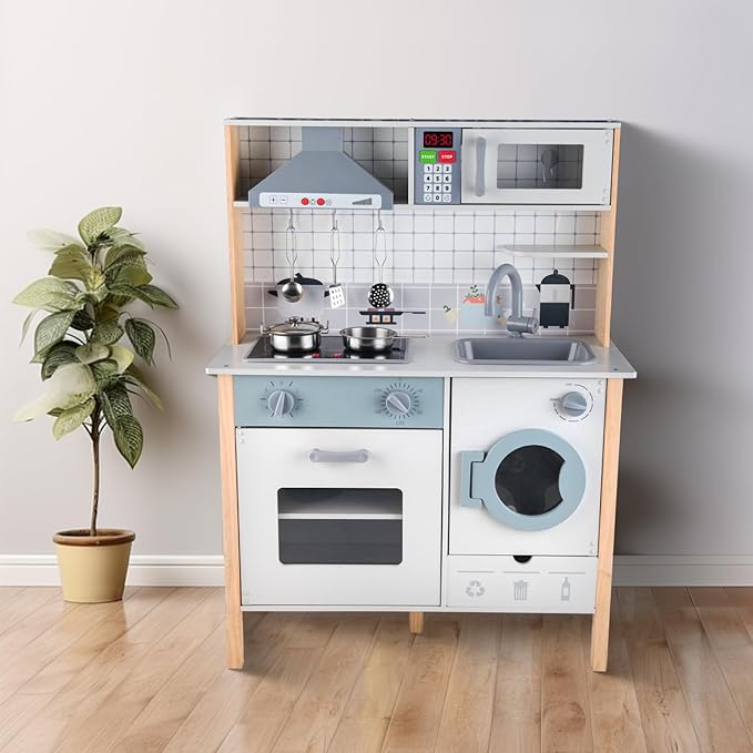 Wooden Kitchen Playset for Kids Ages 3-8, Pretend Play Kitchen for Toddlers with Realistic Lights & Sounds, Cooking Accessories, Pretend Toddler Kitchen Gift for Girls Boys (Traditional)