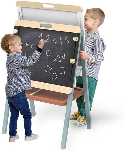 SPEEDY MONKEY Adjustable Wooden Easel for Kids, Double-Sided Chalkboard & Magnetic Whiteboard, Learning Toy for Children, Ideal Holiday Gift for Birthdays