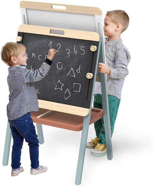 SPEEDY MONKEY Adjustable Wooden Easel for Kids, Double-Sided Chalkboard & Magnetic Whiteboard, Learning Toy for Children, Ideal Holiday Gift for Birthdays