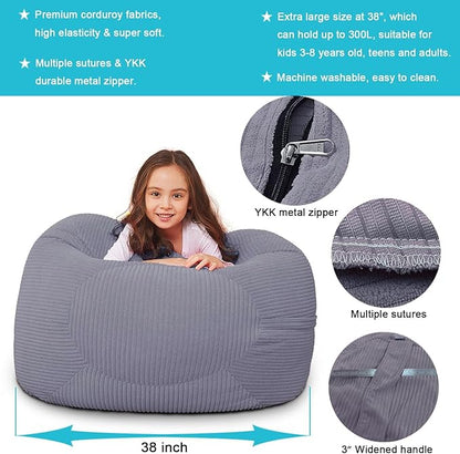 Stuffed Animal Storage Bean Bag Chair Cover for Kids, 38" Beanbag Chairs Cover Plush Toys Organizer Super Soft Corduroy with Handle and Zipper for Boys and Girls - Grey