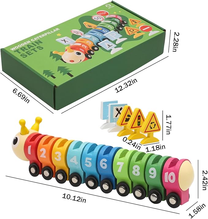 Montessori Toys for 1 2 3 Year Old, Wooden Caterpillar Number Train Set Toys with Street Signs 2-4 Year 1-3, Birthday 2 3