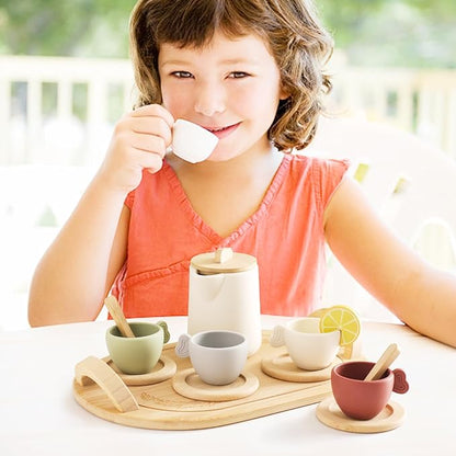 Tea Party Set for Little Girls,Wooden Tea Set,Princess Tea Time Sets for Kids Best Gifts for Toddler with Silicone Teapot Cups Wood Tray Scoop,Dishwasher Safe