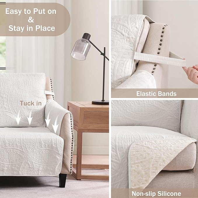 Quilted Recliner Chair Covers, Water-Repellent Recliner Slipcovers, White Recliner Covers Stay in Place, Pet Friendly Recliner Cover for Dogs, Washable Chair Protector (Recliner 22", White)