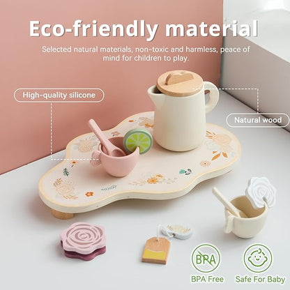 Tea Party Set for Little Girls, Silicone & Wooden Tea Set for Toddler with Silicone Teapot Cups Carrying Tray Scoop, Pretend Play Accessories Kids Kitchen Wooden Toys for 3 4 5 6 Year Old (Pink)