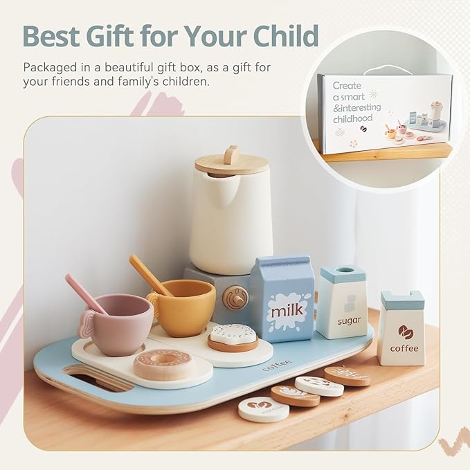 Tea Party Set for Kids, Wooden Tea Set for Little Girls and Boys, Kids Play Kitchen Accessories Toy Tea Set for Toddler, Pretend Play Toddler Tea Set Ideal Gift (Light Blue Coffee Tea Set)