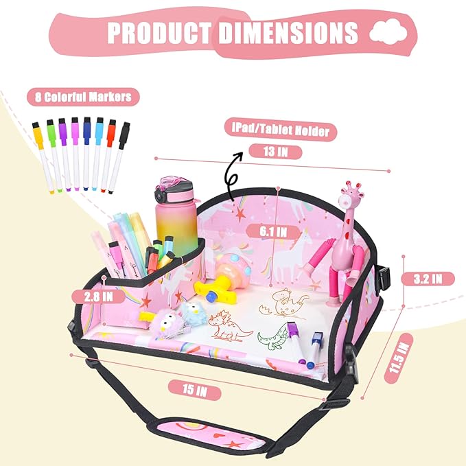Upgraded Kids Travel Tray for Car Seat - Travel Tray for Airplane, Table Tray for Kids Travel Essentials, Toddler Lap Tray, Carseat Lap Desk for Kids Road Trip Activities, Pink Unicorn - 2 PCS