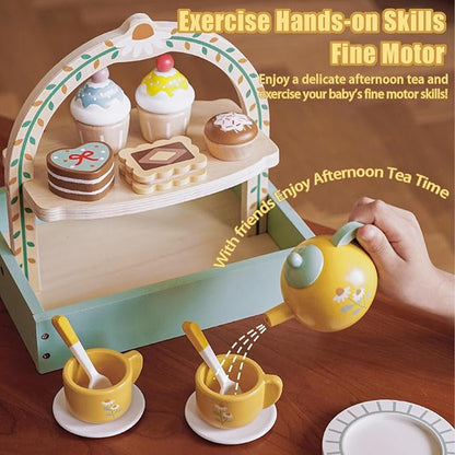 Tea Party Set，Tea Sets for Toddlers 3-5，Kids Tea Set with Dessert Cookies & Cake Stand, Non-Toxic Wooden Tea Party Set，Pretend Play Toys Toddler Tea Set for Girls Birthday Gifts