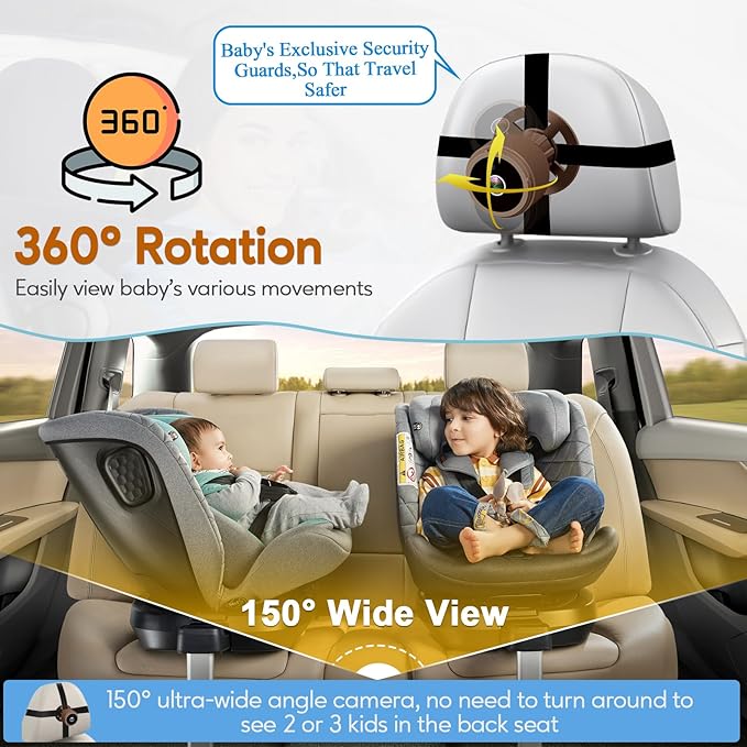 Baby Car Camera for Backseat 1080P - HD Crystal Night Vision, Easy to Install, 360° Rotation, Protect Baby's Eye, Perfect for Brown Car Interiors, Rear Facing Backseat Camera for Newborn, Infant, Kids
