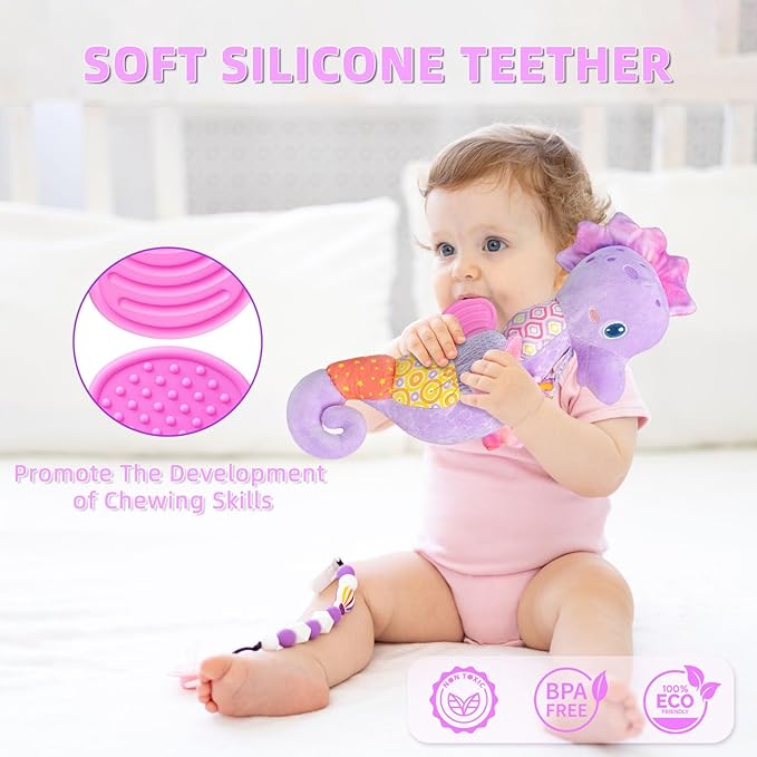 Baby Toys 0-6 Months,Infant Musical Seahorse Stuffed Animals Sensory Toys with Bright Colors 0-12 Months-Purple