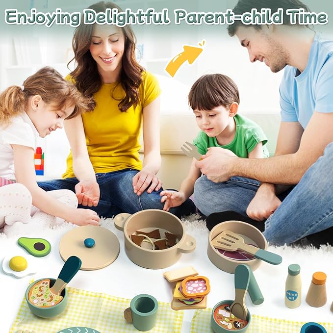 Wooden Kids Play Kitchen Accessories, Play Pots and Pans Sets for Kids Kitchen, Pretend Play Toys, Wooden Play Food Set, Kitchen Playset Accessories for Boys and Girls 3 4 5 6