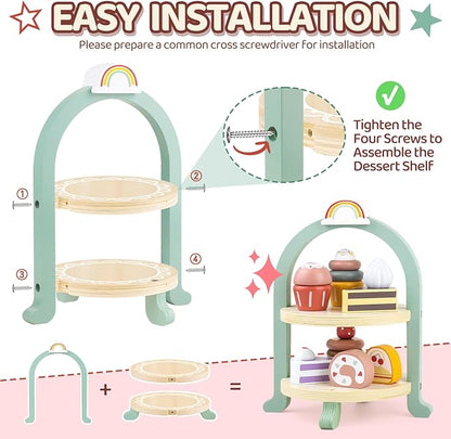 Wooden Cake Toys Tea Party Set, Desserts Food Toy with Cupcake Stand, Kids Pretend Play Kitchen Accessories, Wooden Play Food Set Toy Baking Gift for 3 4 5 Years Old Girls Boys