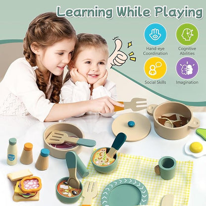 Wooden Kids Play Kitchen Accessories, Play Pots and Pans Sets for Kids Kitchen, Pretend Play Toys, Wooden Play Food Set, Kitchen Playset Accessories for Boys and Girls 3 4 5 6