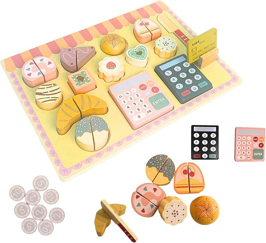 Wooden Play Food Set for Kids Kitchen,Kid Kitchen Accessories, Dessert Shop with Cutting Food Toys, Pretend Play Toy for Toddlers Boys and Girls,Aged 3 4 5 6