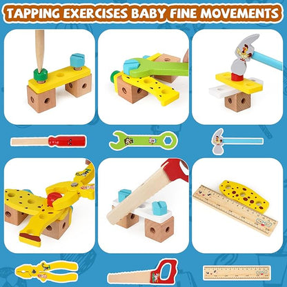 Wooden Kids Tool Set, Toddler Tool Kit with Wooden Toolbox,Construction Set for Kids,Educational DIY Construction STEM Toy, Animal Building Blocks Assembly, Preschool Learning Gift for Boys and Girls