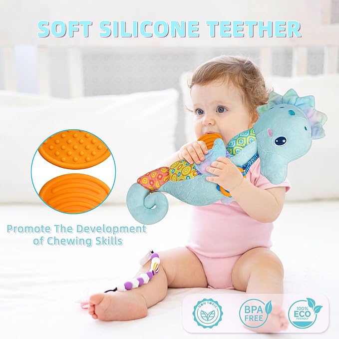 Baby Toys 0-6 Months,Infant Musical Seahorse Stuffed Animals Sensory Toys with Bright Colors 0-12 Months-Blue