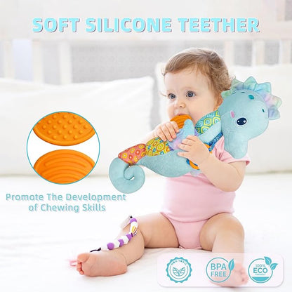 Baby Toys 0-6 Months,Infant Musical Seahorse Stuffed Animals Sensory Toys with Bright Colors 0-12 Months-Blue