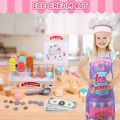 Wooden Ice Cream Toys for Toddlers 3-5 Kids Play Store Pretend Food Kitchen Accessories with Scoop & Menu & Toy Cash, Wooden Ice Cream Counter Shop Playset for 3 4 5 Year Old Birthday