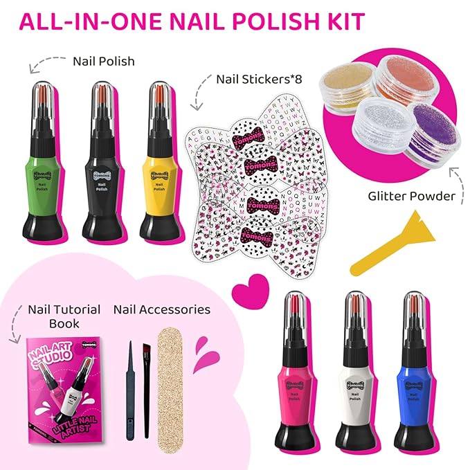 Tomons Kids Nail Polish Set for Girls, Nail Art Kit with Pens,Glitter,Stickers-Quick Dry& Non-Toxic Nail Polish, Ideal Birthday Christmas Gifts for 6-12 Years Old Kids