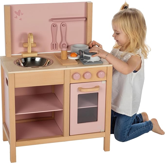Wooden Kitchen Play Set - Pink - Standing Appliance Toy, Cooking & Food Accessories, Storage-Oven-Sink, Pretend Play Station, Kids Age 3+