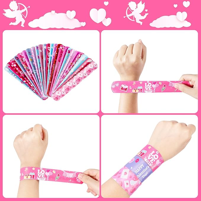 48 Pcs Valentines Day Slap Bracelets with Colorful Hearts for Birthday Gifts for Kids Party Supplies Favors Classroom Exchange Birthday Giveaways Game Prizes Kids Party Favors